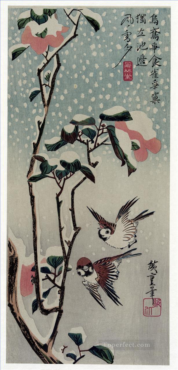 雪の中の雀と椿 1838年 歌川広重 鳥油絵